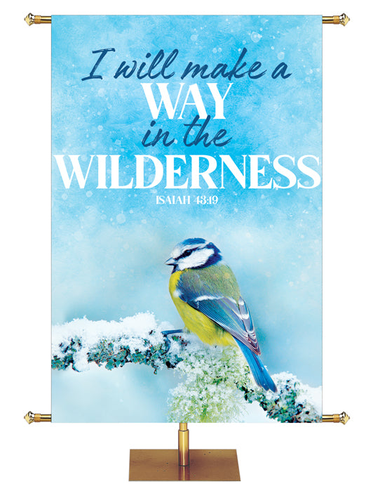 I Will Make a Way in the Wilderness Isaiah 43:19 Small Blue and Yellow bird perched on a snow-covered branch  Joyful Beginnings Church Banner