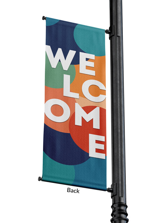 Back view of Light Pole Banner Multicolor Layered Circles Welcome