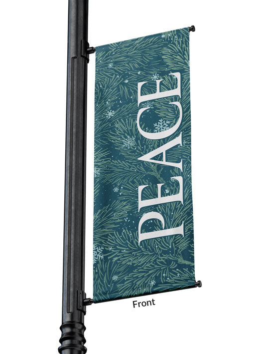 Outdoor Light Pole Banner Peace in White letters on Blue background of Evergreen branches