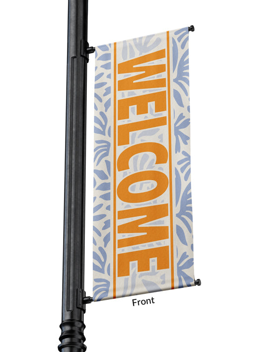 Light Pole Banner Blue Flower Petals with Welcome in Mango