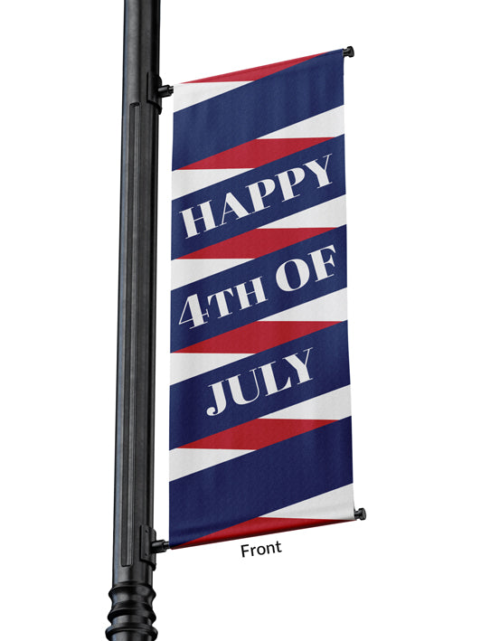 Light Pole Banner Happy Fourth of July with Blue and Red Diagonal Stripes