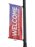 Back view of Light Pole Banner Patriotic Welcome on Blue and Red Background