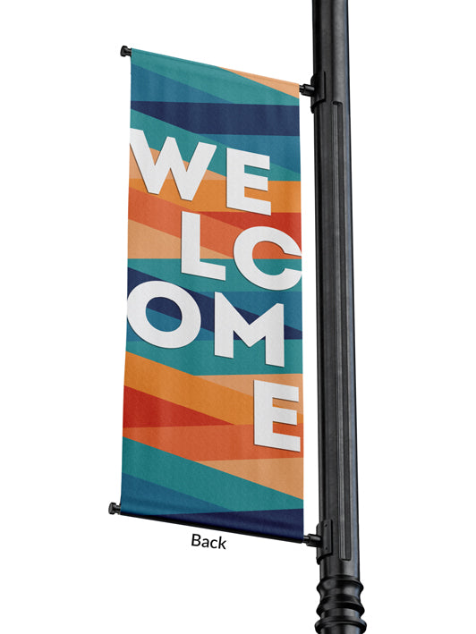 Back view of Light Pole Banner Multicolor Abstract Triangle Welcome