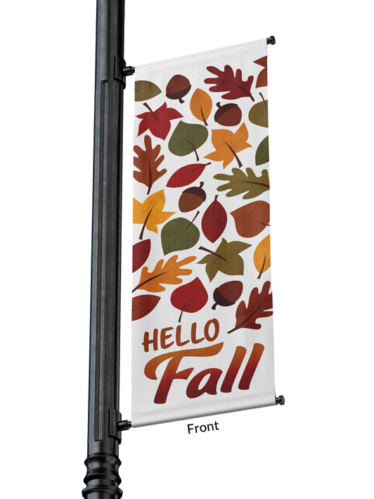 Light Pole Banner Hello Fall with whimsical shower of Autumn leaves