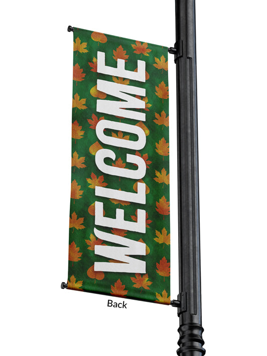 Light Pole Banner Welcome in White with Fall Leaves on Banner of Green, Orange or Red