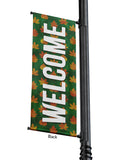Light Pole Banner Welcome in White with Fall Leaves on Banner of Green, Orange or Red