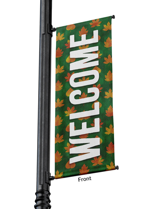 Light Pole Banner Welcome in White with Fall Leaves on Banner of Green, Orange or Red