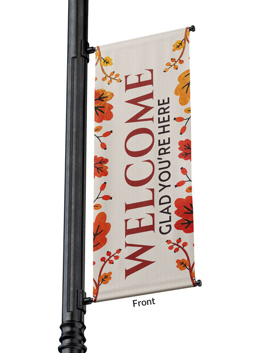 Light Pole Banner Welcome - Glad You're Here on White background with Autumn leaves