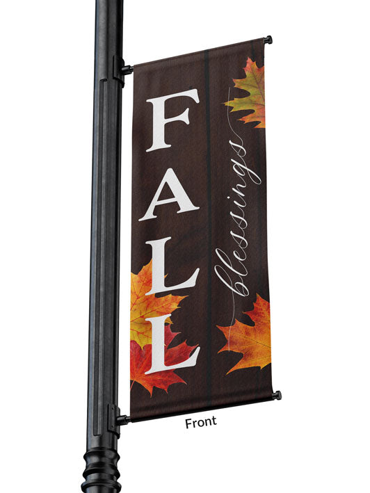 Light Pole Banner Fall Blessings in White on Brown Banners with Autumn Leaves