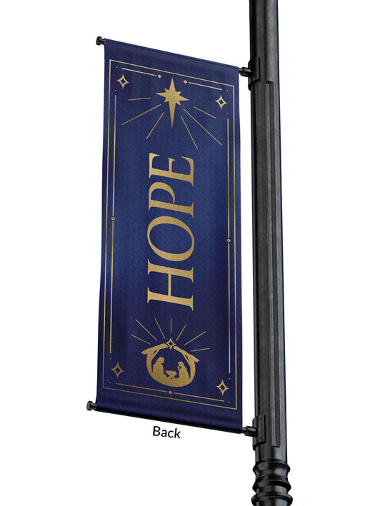 Outdoor Light Pole Banner Hope in Gold letters with New Star and Manger scene on background of Blue, Green, Purple or Red 