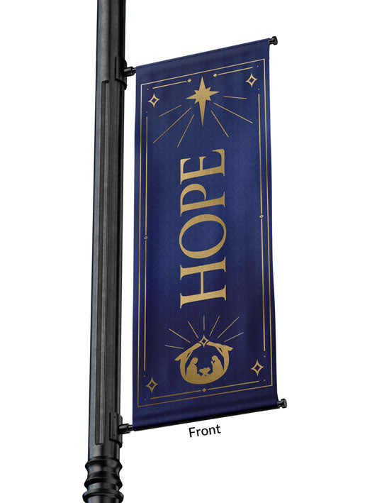 Outdoor Light Pole Banner Hope in Gold letters with New Star and Manger scene on background of Blue, Green, Purple or Red 