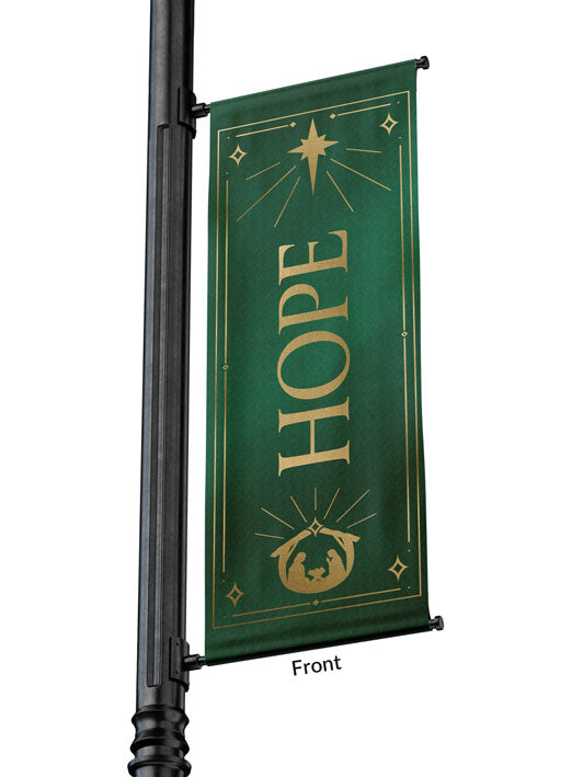 Outdoor Light Pole Banner Hope in Gold letters with New Star and Manger scene on background of Blue, Green, Purple or Red 