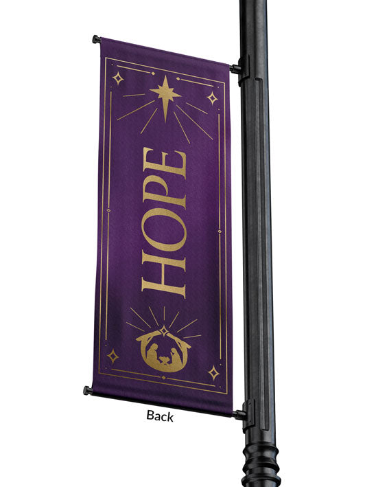 Outdoor Light Pole Banner Hope in Gold letters with New Star and Manger scene on background of Blue, Green, Purple or Red 