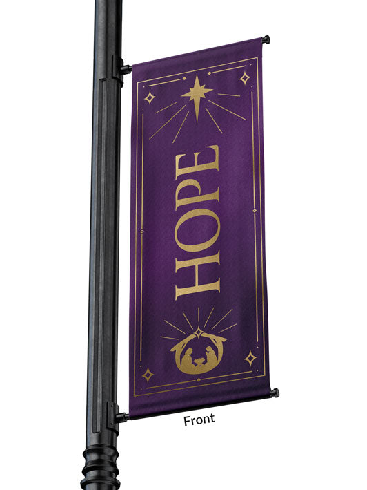 Outdoor Light Pole Banner Hope in Gold letters with New Star and Manger scene on background of Blue, Green, Purple or Red 