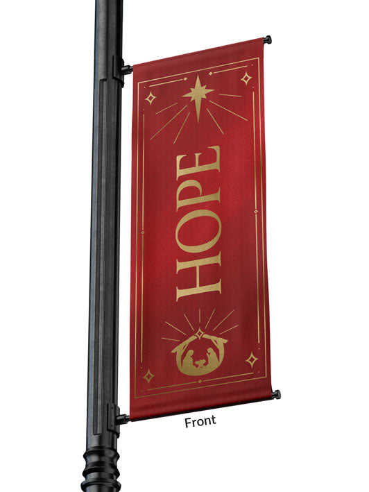 Outdoor Light Pole Banner Hope in Gold letters with New Star and Manger scene on background of Blue, Green, Purple or Red 