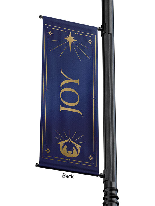 Outdoor Light Pole Banner Joy in Gold letters with New Star and Manger scene on background of Blue, Green, Purple or Red 