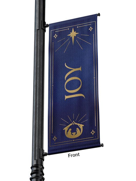 Outdoor Light Pole Banner Joy in Gold letters with New Star and Manger scene on background of Blue, Green, Purple or Red 