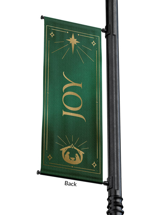 Outdoor Light Pole Banner Joy in Gold letters with New Star and Manger scene on background of Blue, Green, Purple or Red 