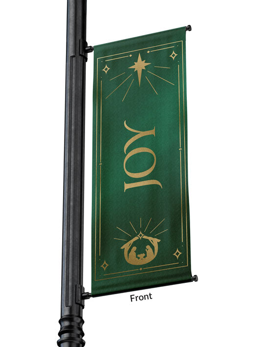 Outdoor Light Pole Banner Joy in Gold letters with New Star and Manger scene on background of Blue, Green, Purple or Red 