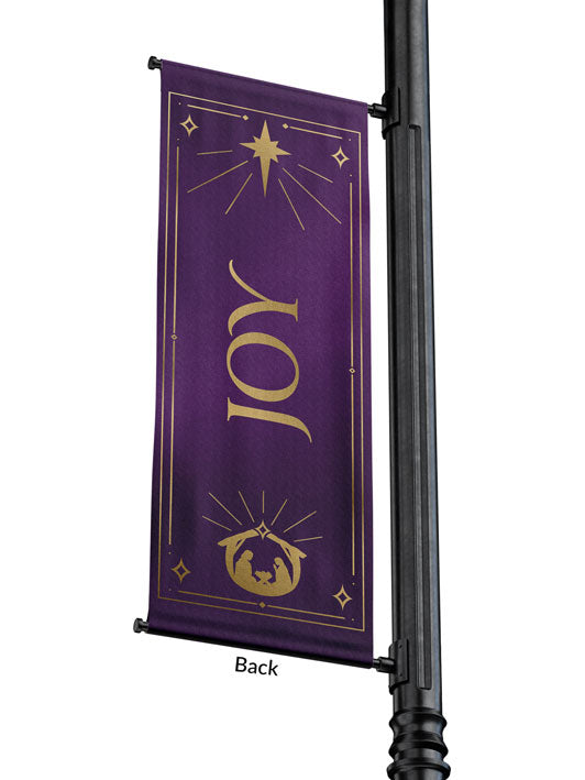Outdoor Light Pole Banner Joy in Gold letters with New Star and Manger scene on background of Blue, Green, Purple or Red 