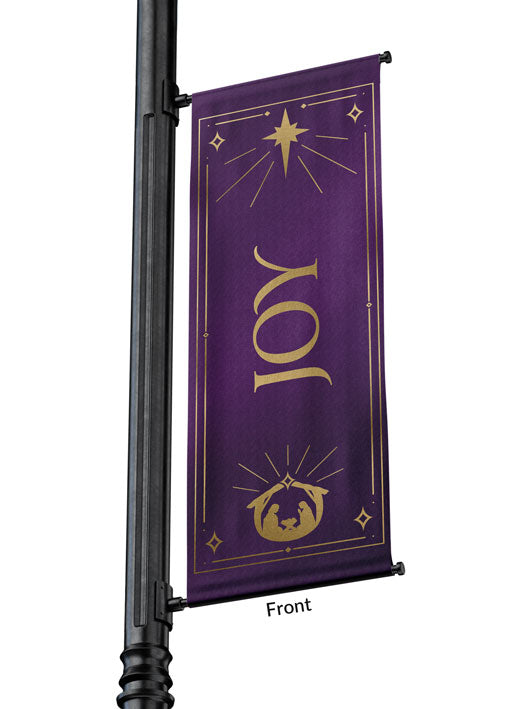 Outdoor Light Pole Banner Joy in Gold letters with New Star and Manger scene on background of Blue, Green, Purple or Red 