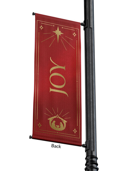 Outdoor Light Pole Banner Joy in Gold letters with New Star and Manger scene on background of Blue, Green, Purple or Red 