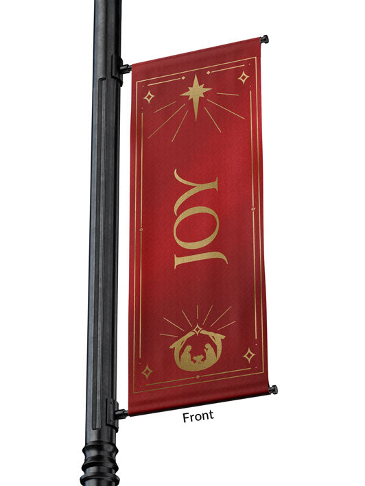 Outdoor Light Pole Banner Joy in Gold letters with New Star and Manger scene on background of Blue, Green, Purple or Red 