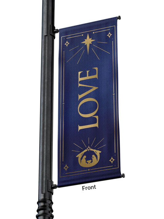 Outdoor Light Pole Banner Love in Gold letters with New Star and Manger scene on background of Blue, Green, Purple or Red 
