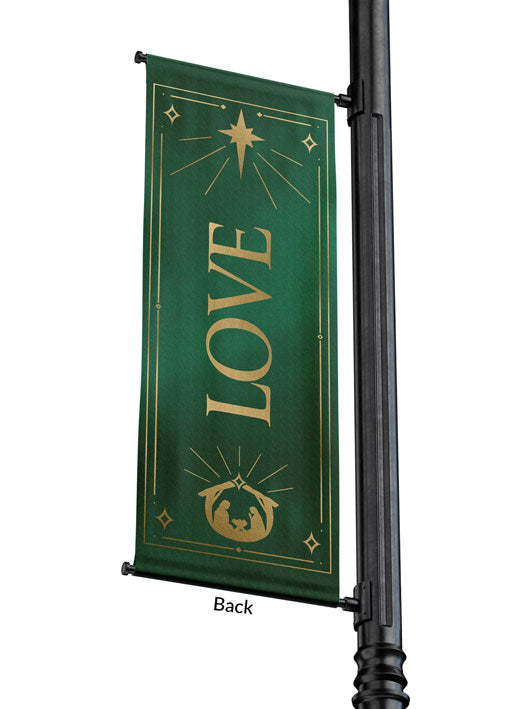 Outdoor Light Pole Banner Love in Gold letters with New Star and Manger scene on background of Blue, Green, Purple or Red 