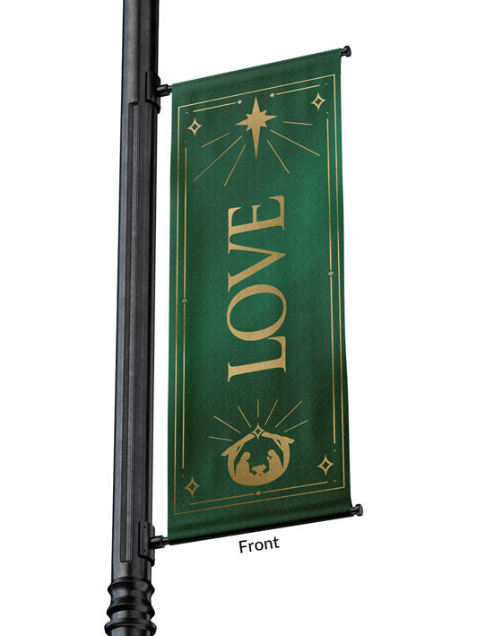 Outdoor Light Pole Banner Love in Gold letters with New Star and Manger scene on background of Blue, Green, Purple or Red 