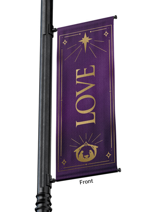 Outdoor Light Pole Banner Love in Gold letters with New Star and Manger scene on background of Blue, Green, Purple or Red 