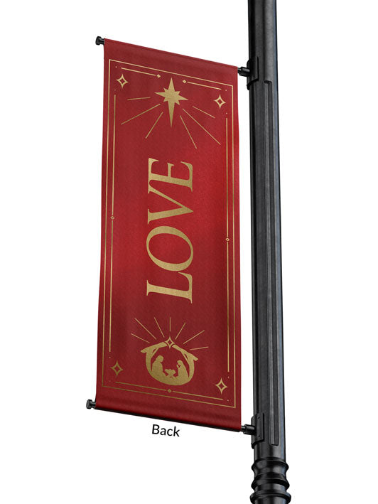 Outdoor Light Pole Banner Love in Gold letters with New Star and Manger scene on background of Blue, Green, Purple or Red 