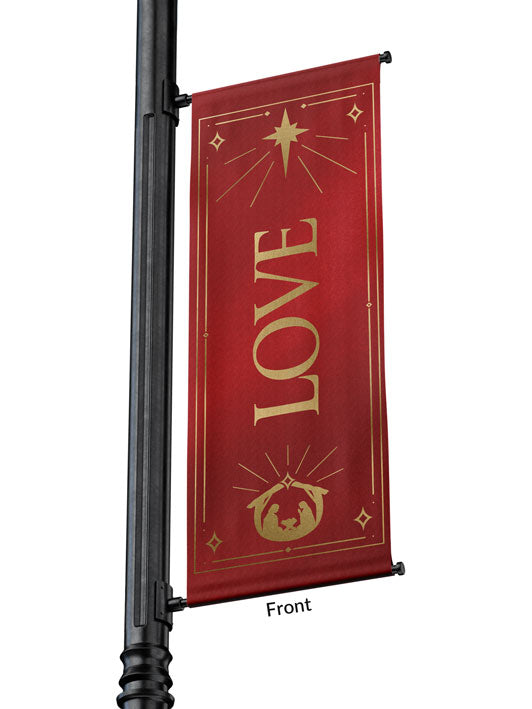 Outdoor Light Pole Banner Love in Gold letters with New Star and Manger scene on background of Blue, Green, Purple or Red 