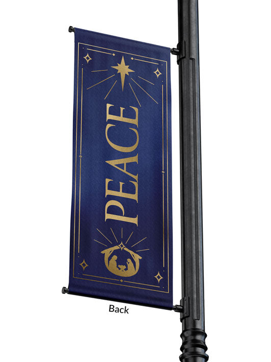 Outdoor Light Pole Banner Peace in Gold letters with New Star and Manger scene on background of Blue, Green, Purple or Red 