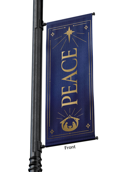 Outdoor Light Pole Banner Peace in Gold letters with New Star and Manger scene on background of Blue, Green, Purple or Red 