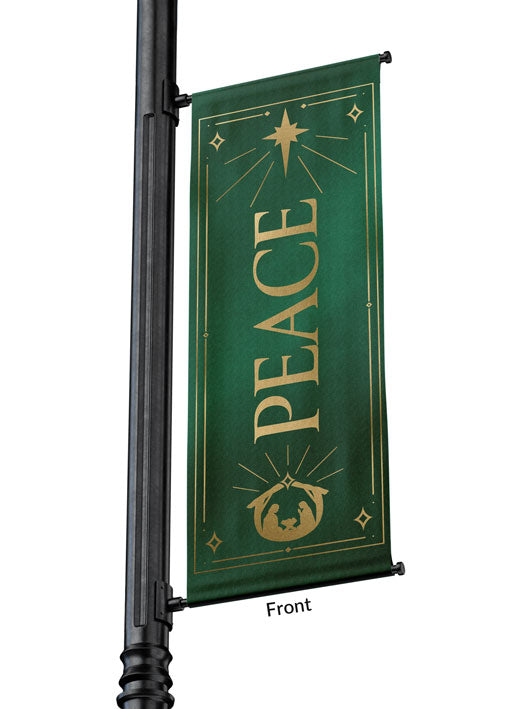 Outdoor Light Pole Banner Peace in Gold letters with New Star and Manger scene on background of Blue, Green, Purple or Red 