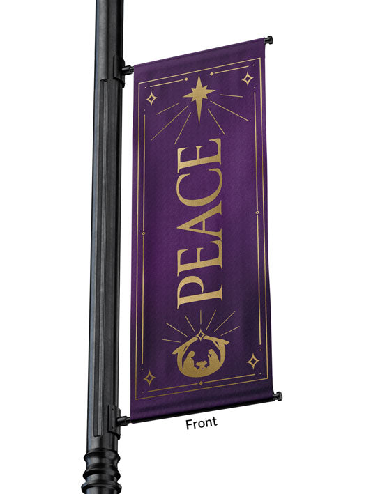 Outdoor Light Pole Banner Peace in Gold letters with New Star and Manger scene on background of Blue, Green, Purple or Red 