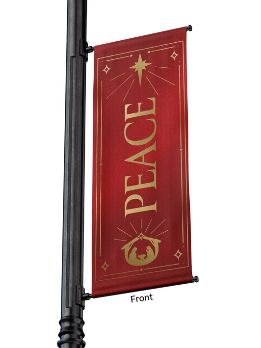 Outdoor Light Pole Banner Peace in Gold letters with New Star and Manger scene on background of Blue, Green, Purple or Red 