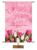 Happy Mother's Day Banner Proverbs 31:25 She is Clothed in Strength and Dignity on Pink with Tulips