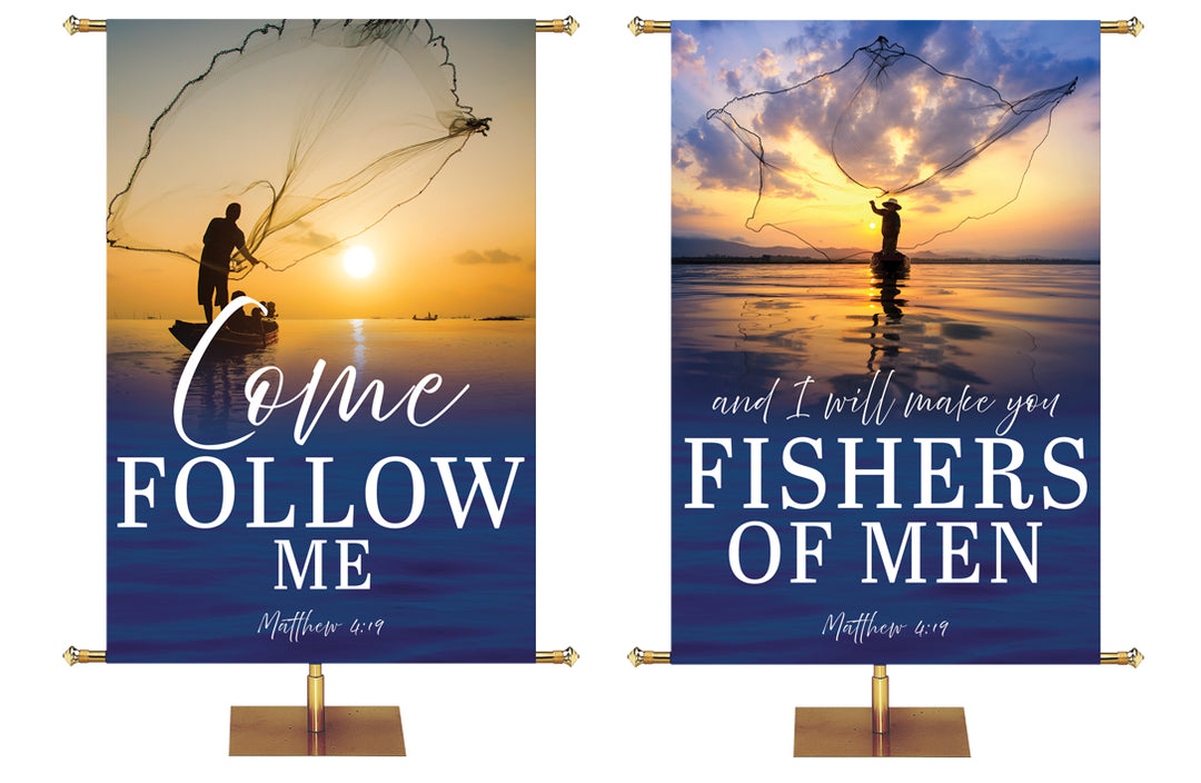 Two Church Mission Banners Come Follow Me and Fishers of Men in white letters Matthew 4:19 with silhouettes of person standing in a small boat casting a net over calm water