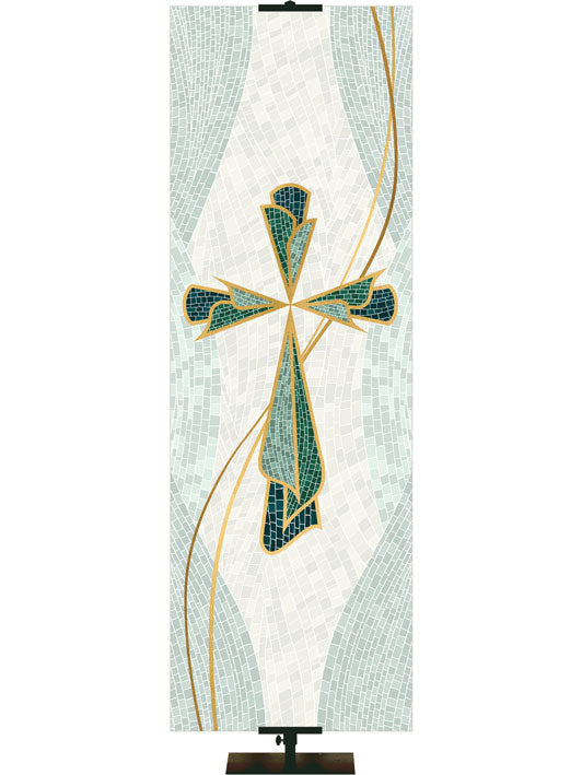 Cross Symbol with gold accents Mosaics of Faith Design (right) on background of muted shades of Blue 2x6 format