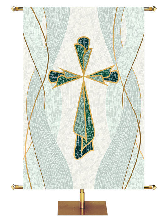 Cross Symbol with gold accents Mosaics of Faith Design (right) on background of muted shades of Blue 4x6 format