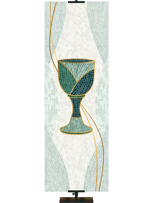 Communion Chalice Symbol with gold accents Mosaics of Faith Design (left) on background of muted shades of Blue 2x6 format