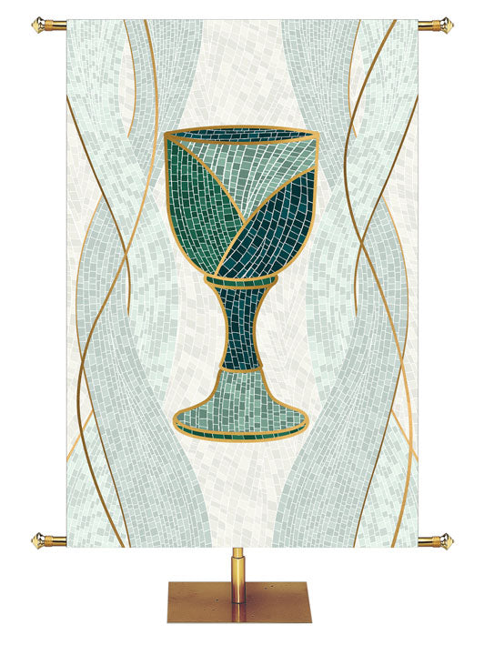 Communion Chalice Symbol with gold accents Mosaics of Faith Design (left) on background of muted shades of Blue 4x6 format