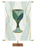 Communion Chalice Symbol with gold accents Mosaics of Faith Design (left) on background of muted shades of Blue 4x6 format