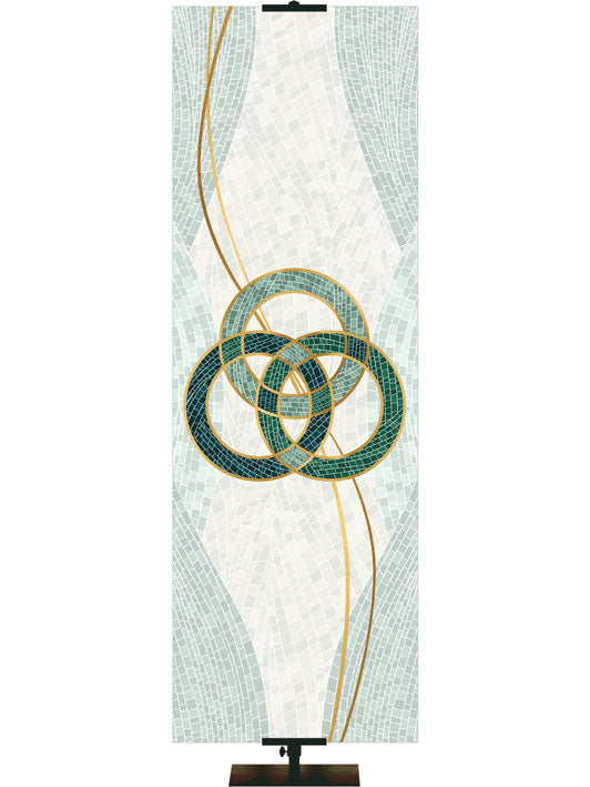Trinity Symbol with gold accents Mosaics of Faith Design (right) on background of muted shades of Blue 2x6 format