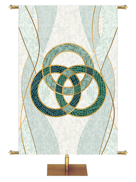 Trinity Symbol with gold accents Mosaics of Faith Design (right) on background of muted shades of Blue 4x6 format