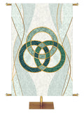 Trinity Symbol with gold accents Mosaics of Faith Design (right) on background of muted shades of Blue 4x6 format