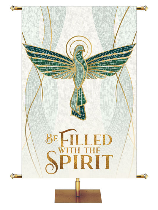 Be Filled With The Spirit in gold with Dove Symbol Mosaics of Faith Design (left) on background of muted shades of Blue