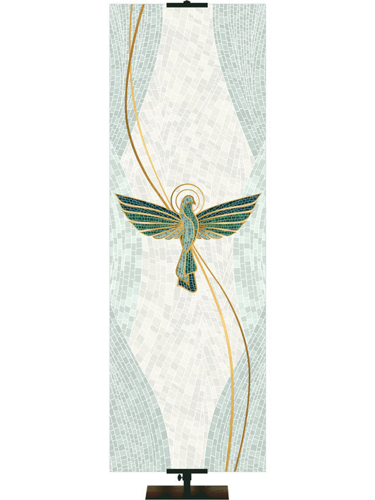 Dove Symbol with gold accents Mosaics of Faith Design (left) on background of muted shades of Blue 2x6 format